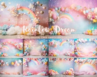 45 Rainbow Dream Cake Smash Photography Backdrop Balloons Cake Smash Backdrop Rainbow for Baby Birthday Photography Smash Cake Background