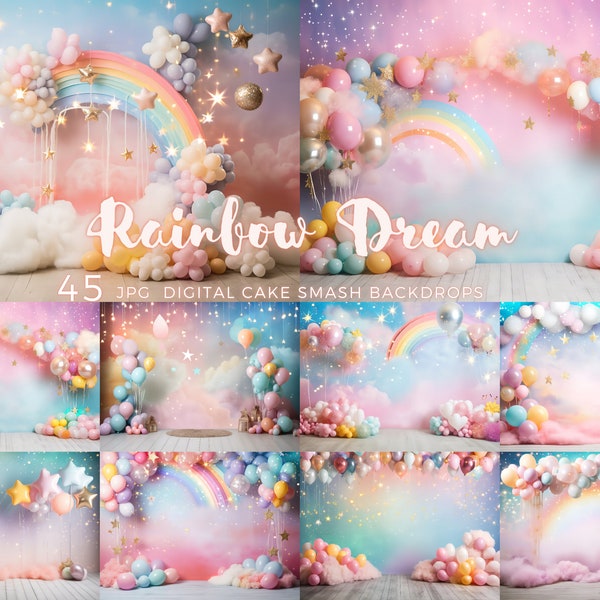 45 Regenbogen Traum Kuchen Smash Fotografie Hintergrund Luftballons Kuchen Smash Backdrop Regenbogen für Baby Geburtstag Fotografie Smash Kuchen Hintergrund