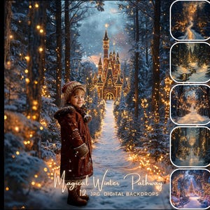 Chemin d'hiver magique de toile de fond numérique - superposition de photographie de château de Noël enchanté, fond de neige de conte de fées composite Photoshop