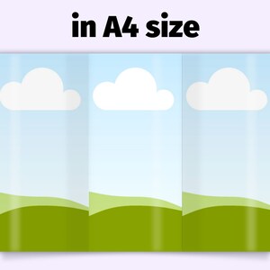 May include: A folded brochure with a landscape design. The brochure features a blue sky with white clouds and green hills. The text "in A4 size" is displayed at the top.