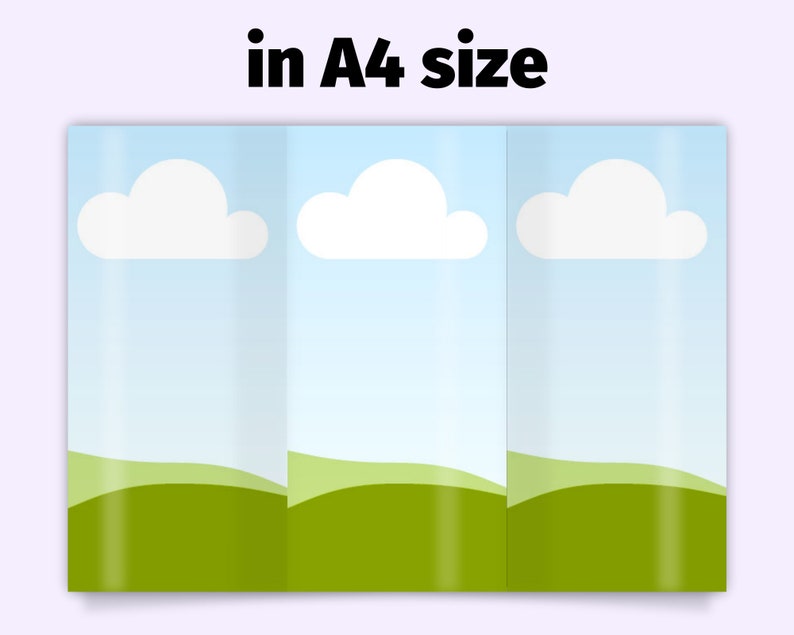 May include: A folded brochure with a landscape design. The brochure features a blue sky with white clouds and green hills. The text "in A4 size" is displayed at the top.