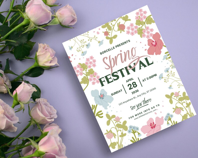 Pu&ograve; includere: Un volantino bianco con un design floreale e il testo "Borcelle Presents Spring Festival" in lettere verdi e nere. Il volantino include anche la data "Domenica 28 aprile 2030" e l'ora "Alle 15:00". L'indirizzo &egrave; "123 Anywhere St., Any City, ST 12345". Il volantino include anche il testo "Ci vediamo l&igrave;" e "Per maggiori informazioni visita www.springfestival.com".