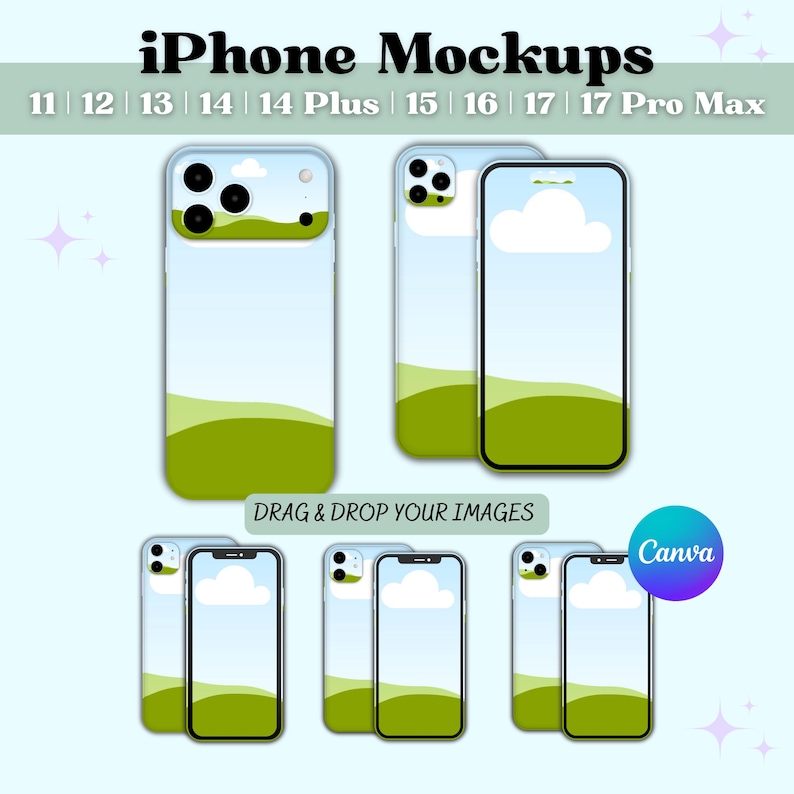 Maquetas de smartphones iPhone, iPhone 17, 16, 15, 14, plantilla de Canva, maqueta de funda para iPhone, iPhone sublimado, cubierta de cámara, pantalla, teléfono en blanco imagen 1