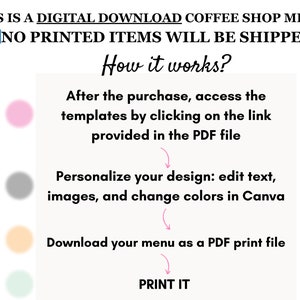 May include: A digital download coffee shop menu template with instructions on how to personalise and print the menu. The instructions include accessing the template, editing text and images, and changing colours in Canva. The menu is available in four colour options: pink, grey, peach, and light green.