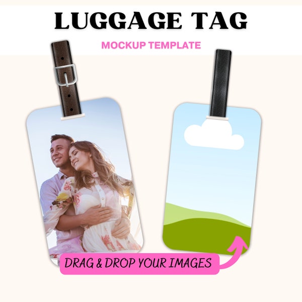 Étiquette de bagage Mockup, Bagage Étiquette Canva Personalisé Design Sangle Cuir Modèle Étiquette Valise Mockup Identifiant Baggage PNG