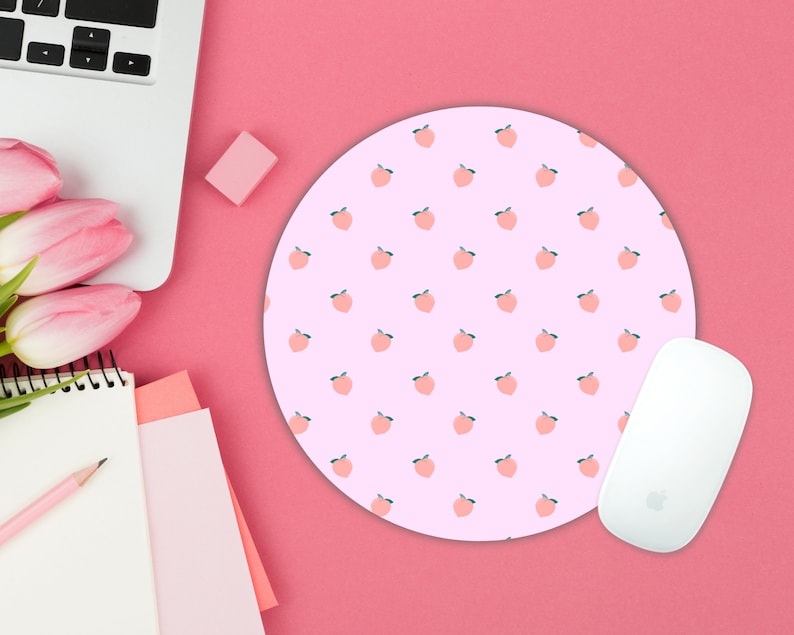 Round Mouse Pad, Mouse Mat, Desk Mat, Desktop Mat with a Apple Mouse aside of it, realistic mouse pad representation design using the mouse pad mockup