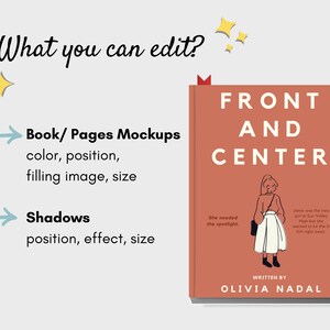 May include: A book cover design with the title "FRONT AND CENTER" in large white letters on a terracotta background. The cover features an illustration of a person and text that reads "WRITTEN BY OLIVIA NADAL".