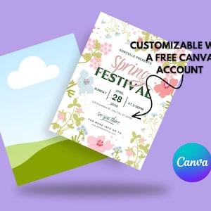 Pu&ograve; includere: Un modello di volantino personalizzabile per un festival di primavera con un design floreale. Il volantino presenta il testo "Spring Festival" in un font verde e bianco. La data &egrave; il 28 aprile 2030 alle 15:00. Il testo "See you there" &egrave; in un font verde. Il volantino &egrave; personalizzabile con un account Canva gratuito.