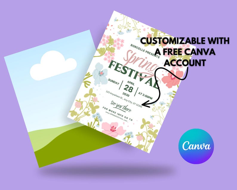 Pu&ograve; includere: Un modello di volantino personalizzabile per un festival di primavera con un design floreale. Il volantino presenta il testo "Spring Festival" in un font verde e bianco. La data &egrave; il 28 aprile 2030 alle 15:00. Il testo "See you there" &egrave; in un font verde. Il volantino &egrave; personalizzabile con un account Canva gratuito.