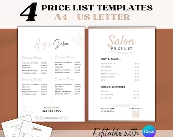 Editable Price Lists Canva Template, DIY Price List, Printable, Minimalist Pricing Business Branding Prices A4+US letter,