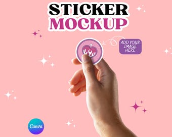 Mockup di adesivo su Canva, modello di mockup di adesivo a mano, mockup di adesivo rotondo, design di adesivo personalizzato, mockup di decalcomania, anteprima di visualizzazione realistica