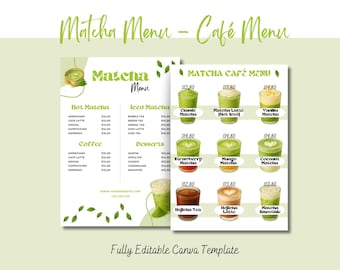 Matcha Menu, Template, Matcha café menu, Tea Shop, Editable, Printable, Digital, Green Tea, Price List Modern Menu Instant download, Matcha