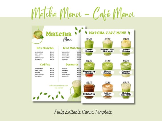 Matcha Menu, Template, Matcha café menu, Tea Shop, Editable, Printable, Digital, Green Tea, Price List Modern Menu Instant download, Matcha