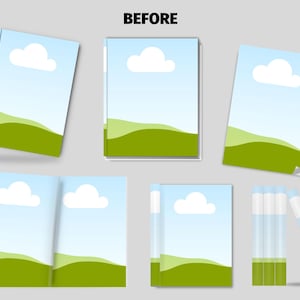 May include: An assortment of books and markers. The books feature a landscape design with a blue sky, white cloud, and green hills. The markers are clear with green and white accents. The word "BEFORE" is at the top.