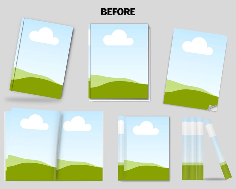 May include: An assortment of books and markers. The books feature a landscape design with a blue sky, white cloud, and green hills. The markers are clear with green and white accents. The word "BEFORE" is at the top.