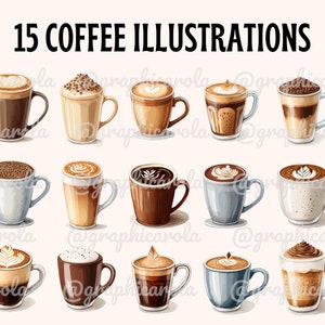 May include: Fifteen watercolour illustrations of different coffee drinks, including lattes, cappuccinos, macchiatos, and mochas. Each illustration features a unique design and colour scheme.