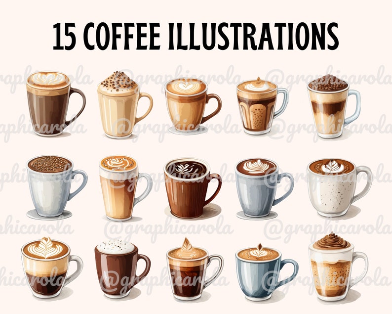 May include: Fifteen watercolour illustrations of different coffee drinks, including lattes, cappuccinos, macchiatos, and mochas. Each illustration features a unique design and colour scheme.