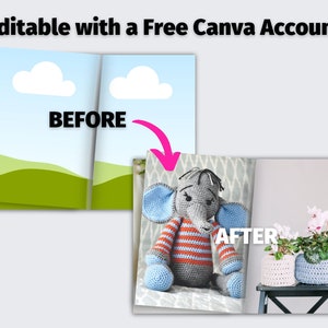 May include: Before and after image showing how to use Canva to edit a simple background image. The before image shows a blue sky with white clouds and green hills. The after image shows a crocheted elephant toy sitting on a white surface with a gray background. The elephant is blue, gray, and orange with a striped body. The text "BEFORE" is on the left side of the image and the text "AFTER" is on the right side of the image.