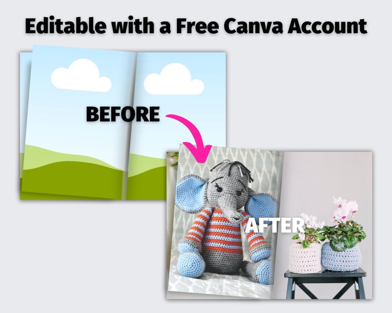 May include: Before and after image showing how to use Canva to edit a simple background image. The before image shows a blue sky with white clouds and green hills. The after image shows a crocheted elephant toy sitting on a white surface with a gray background. The elephant is blue, gray, and orange with a striped body. The text "BEFORE" is on the left side of the image and the text "AFTER" is on the right side of the image.