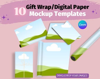 Gift Wrapping Mockup, Paper Mockup, Gift Paper, Gift Wrap, Fabric Mockup, Digital Paper Mockup, Gift Box Paper Pattern Mockup Canva Template