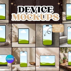 May include: A collection of digital device mockups featuring tablets, smartphones, and laptops with blank screens displaying a landscape graphic. The text DEVICE MOCKUPS is centered at the top, and a small tag says ADD YOUR IMAGE HERE.