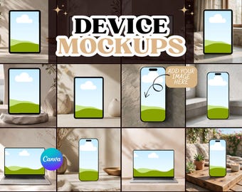 Paquete de plantillas de Canva para maquetas de dispositivos, maquetas de sitios web, maquetas de teléfonos, portátiles y tabletas, maquetas de pantallas digitales neutras, marcos de Canva con función de arrastrar y soltar.