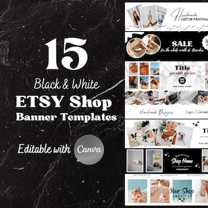 Mall för Etsy-butiksbannermodell, svartvitt, minimalistisk Etsy-omslagsbild, redigerbar med Canva, Etsy-butiksheader, stort bannerpaket