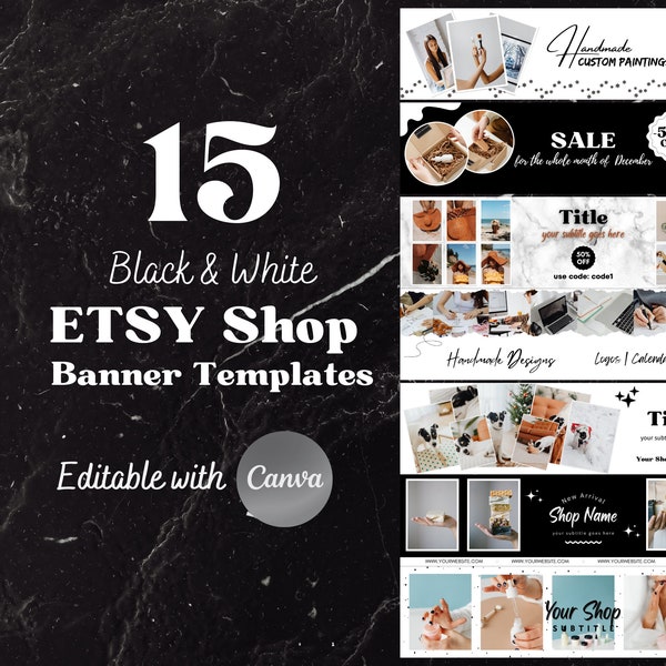 Etsy Shop Banner Mockup Template, Black & White, Minimalist Etsy Cover Picture, Editable with Canva, Etsy Store Header Big Banner Bundle