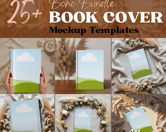 Puede incluir: Imagen compuesta que muestra plantillas de maquetas de portadas de libros. El texto dice "25+ Boho Bundle BOOK COVER Mockup Templates" y "A4 size". Se muestran varias portadas de libros, con un cielo azul con una nube blanca y colinas verdes.