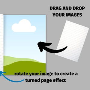 Illustration showing how to create a turned page effect by dragging and dropping images and rotating them. The image shows a blue sky with a white cloud and green hills, and a blank sheet of paper with lines.
