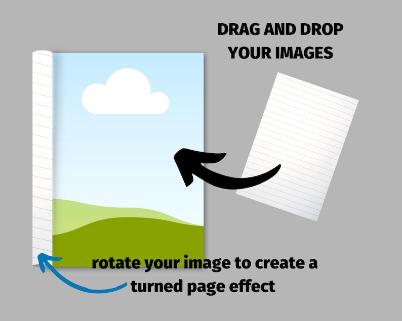 Illustration showing how to create a turned page effect by dragging and dropping images and rotating them. The image shows a blue sky with a white cloud and green hills, and a blank sheet of paper with lines.