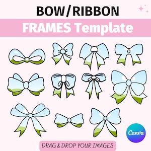 May include: A set of 10 bow and ribbon frames in a light blue color with green accents. The frames are perfect for adding a touch of elegance to your designs. Drag and drop your images into the frames.