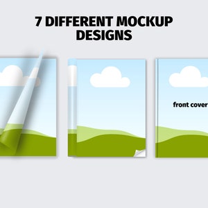 May include: Three mockups of a book cover design with a blue sky, white clouds, and green hills. The text "front cover" is visible on the rightmost mockup.