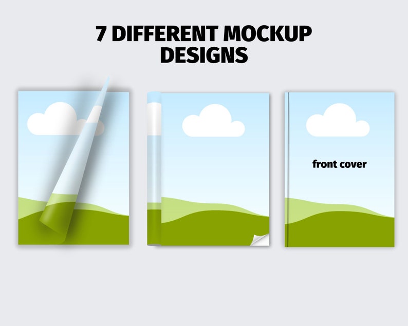 May include: Three mockups of a book cover design with a blue sky, white clouds, and green hills. The text "front cover" is visible on the rightmost mockup.