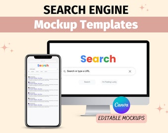 Puede incluir: Plantillas de maqueta para un sitio web de motor de búsqueda en una computadora de escritorio y un teléfono móvil. El motor de búsqueda se llama "Search" y tiene un logotipo colorido. La pantalla de la computadora de escritorio muestra la barra de búsqueda con el texto "Buscar o escribir una URL" y los botones "Buscar" y "Me siento con suerte". La pantalla del teléfono móvil muestra una lista de resultados de búsqueda. El texto "Canva" es visible en la esquina inferior derecha de la imagen.