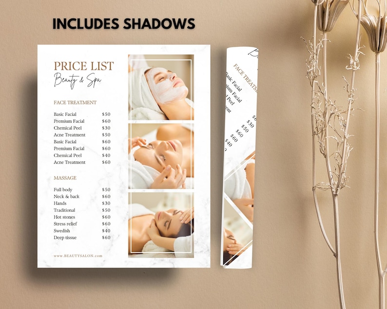 Pu&ograve; includere: Un listino prezzi bianco e dorato per un'attivit&agrave; di bellezza e spa. Il listino include i prezzi per i trattamenti viso, come i trattamenti viso base, i trattamenti viso premium, i peeling chimici e i trattamenti per l'acne. Il listino include anche i prezzi per i massaggi, come il massaggio completo, il massaggio al collo e alla schiena, il massaggio alle mani, il massaggio tradizionale, i massaggi con pietre calde, il massaggio per alleviare lo stress, il massaggio svedese e il massaggio dei tessuti profondi.