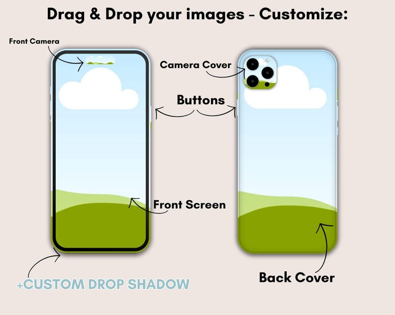 Drag & drop your images customize buttons, camera cover, front camera, iPhone Frame, Back Cover, Front Screen, Custom Drop Shadows
iPhone Smartphone Mockups, iPhone 15, iPhone 14, Canva Template, iPhone Case Mock up, Phone, Sublimation iPhone