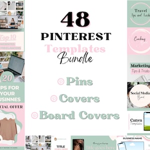 Può includere: Un set di 48 modelli Pinterest in un pacchetto. I modelli sono progettati in uno schema di colori rosa e verde. Il pacchetto include pin, copertine e copertine di bacheca. Il testo "48 modelli Pinterest Bundle" è visualizzato in testo nero su uno sfondo bianco. Il testo "Pins, Covers, Board Covers" è visualizzato in testo verde su uno sfondo bianco.