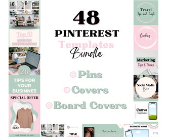 48 Pinterest Templates Bundle Editable in Canva. Pinterest Pins Templates. Banners. Board Covers. Pinterest Social Media Marketing Digital