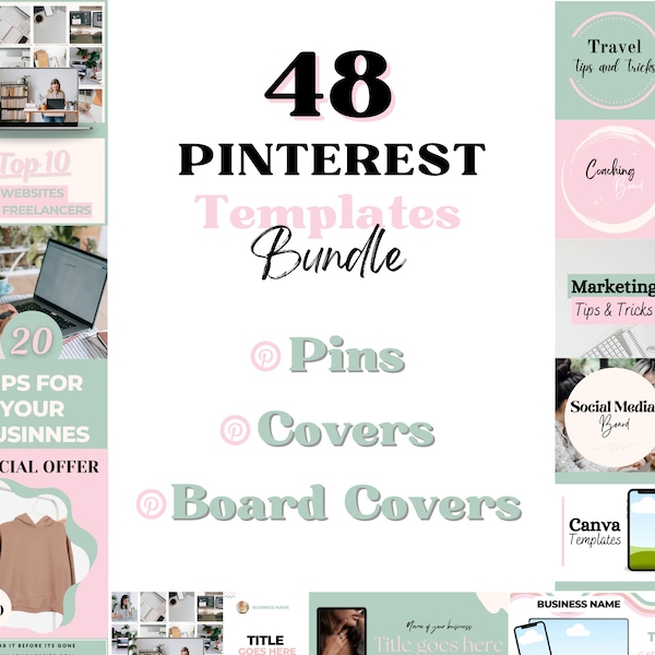 48 Pinterest Templates Bundle Editable in Canva. Pinterest Pins Templates. Banners. Board Covers. Pinterest Social Media Marketing Digital
