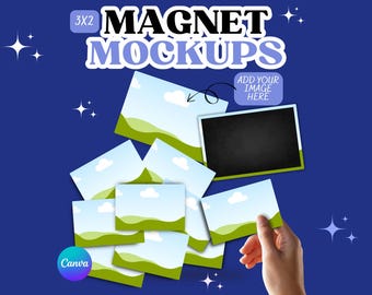 Puede incluir: Una imagen de maqueta con el texto "3x2 MAGNET MOCKUPS" en negro y azul claro. La imagen presenta varias maquetas rectangulares con escenas de paisajes, una mano sosteniendo una maqueta y un espacio para agregar su imagen.