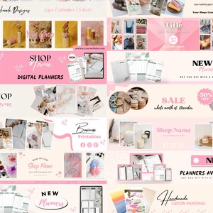 May include: A collage of images promoting digital planners, printable designs, and handmade custom paintings. The images feature a variety of colors, patterns, and textures, including pink, white, and gold. The text "Shop Name" appears multiple times, along with the words "New Planners", "Sale", and "Handmade Custom Paintings".