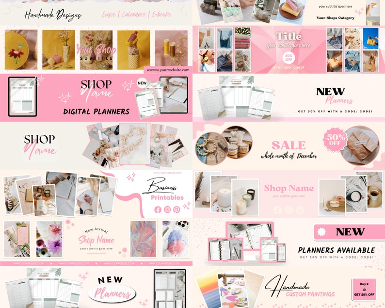 May include: A collage of images promoting digital planners, printable designs, and handmade custom paintings. The images feature a variety of colors, patterns, and textures, including pink, white, and gold. The text "Shop Name" appears multiple times, along with the words "New Planners", "Sale", and "Handmade Custom Paintings".