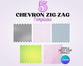 May include: Five chevron zig-zag templates for Canva. The templates feature black and white, pink and white, blue and white, green and yellow, and pink and white chevron patterns.