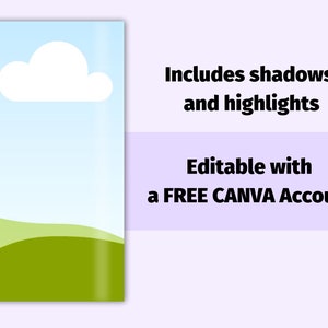 May include: A digital graphic with a sky blue background, a white cloud, and a green landscape. The text reads "Includes shadows and highlights" and "Editable with a FREE CANVA Account."