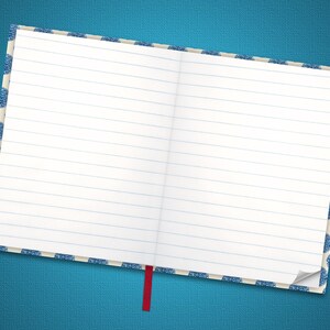 May include: A blank, lined notebook with a blue and white patterned cover and a red ribbon bookmark. The notebook is open and lying flat on a blue surface.