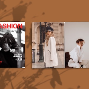 May include: A magazine cover with the title "FASHION" and the text "NEW FASHION TRENDS" and "EASY FASHION LOOKS". The cover features a black and white photo of a person with short hair. The magazine also features an exclusive interview with Taylor.