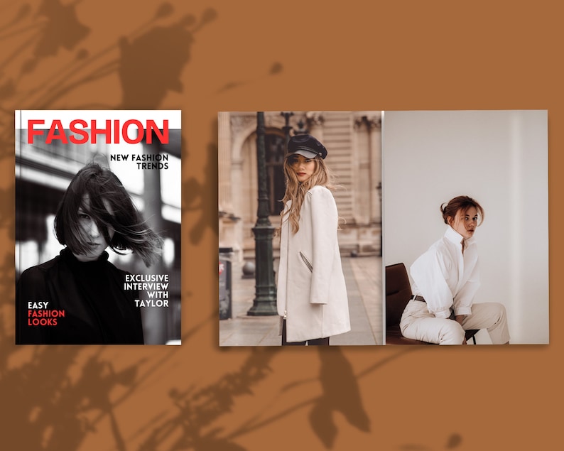May include: A magazine cover with the title "FASHION" and the text "NEW FASHION TRENDS" and "EASY FASHION LOOKS". The cover features a black and white photo of a person with short hair. The magazine also features an exclusive interview with Taylor.