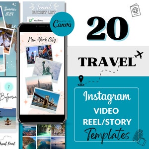 May include: A collage of 20 travel-themed Instagram video reel and story templates. The templates feature images of beaches, cities, and landmarks. The text "20 TRAVEL Instagram VIDEO REEL/STORY Templates" is displayed in a blue and white color scheme.