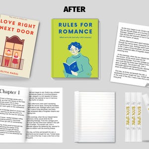 May include: Two book covers with illustrations and text. The first book cover is titled "Love Right Next Door" with a couple on a balcony. The second book cover is titled "Rules for Romance" with a woman reading a book. Both covers have the author's name, Olivia Nadal.